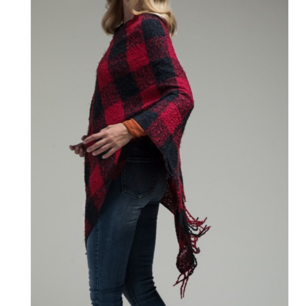 LAST 1 🔥 2 Tone Buffalo Plaid Long Fringe Poncho - Picture 5 of 10